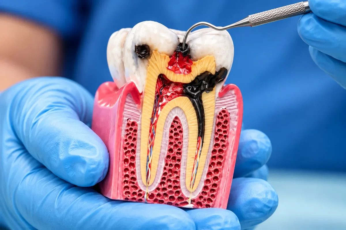 Ilustração odontológica mostrando a região interna de um dente