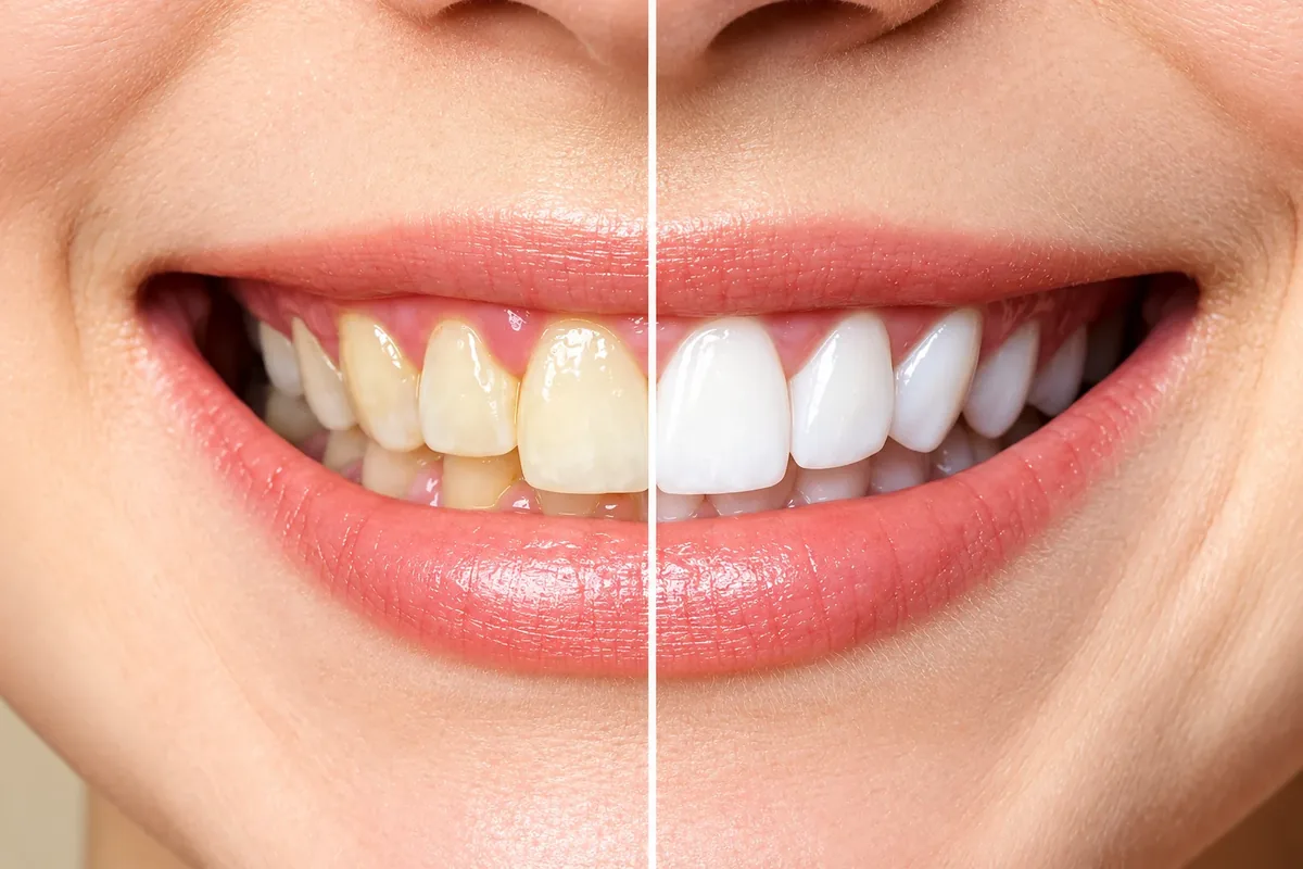 Ilustração comparativa de tonalidades dentárias antes e após clareamento