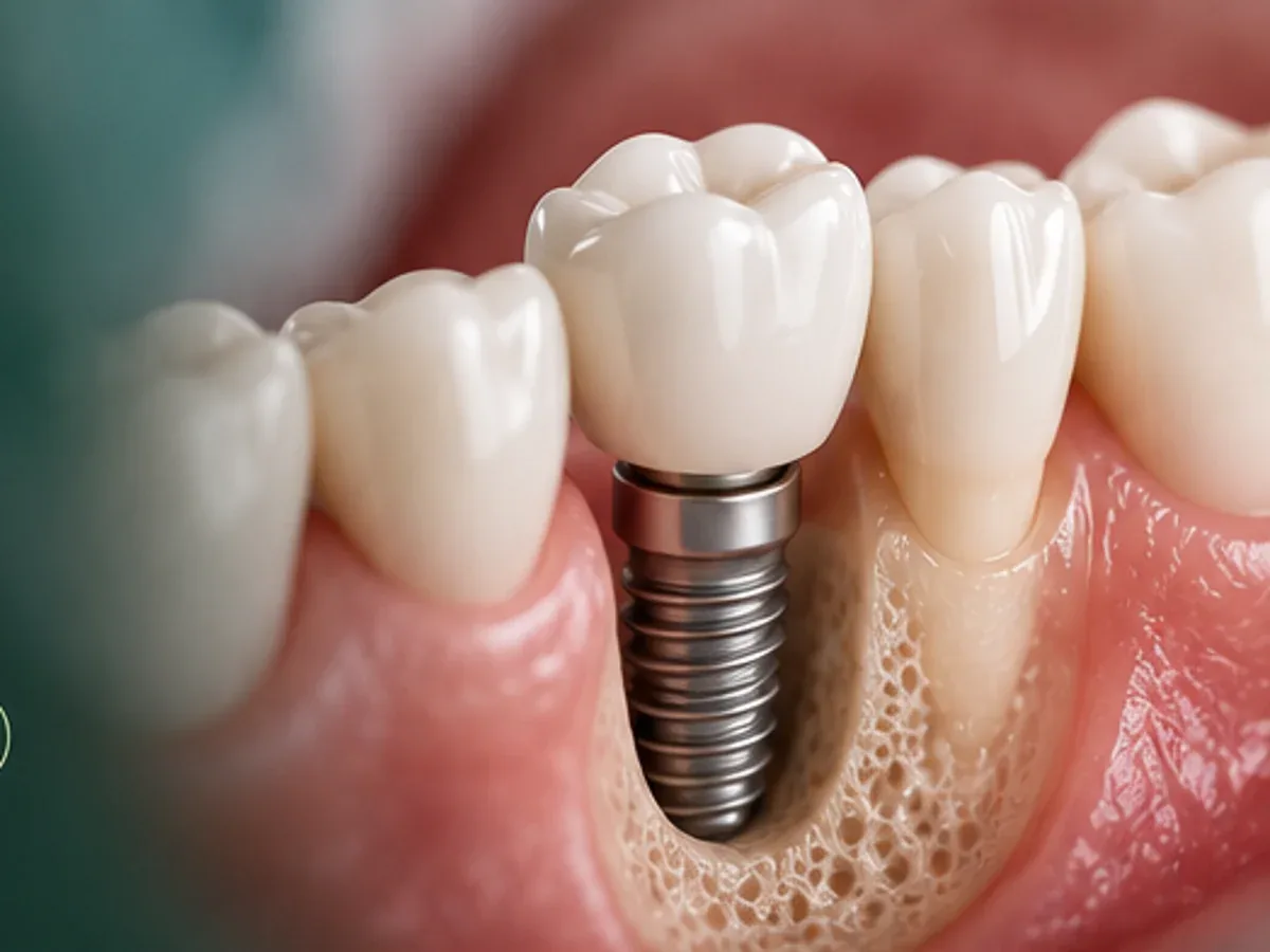 Ilustração de implante dentário com coroa