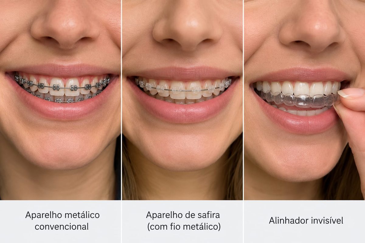 Comparação entre aparelho metálico convencional, aparelho de safira com fio metálico e alinhador invisível