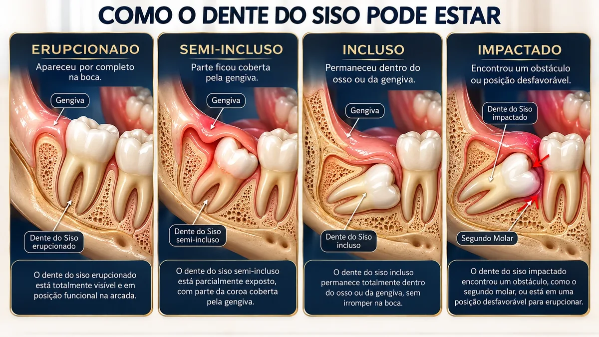 Ilustração das diferentes posições do dente do siso: erupcionado, semi-incluso, incluso e impactado